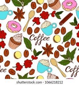 seamless pattern with coffee leering, bubbly schnitzel, cinnamon stick, cream cake, donut, spoon, macchiato, macaroni, coffee beans, coffee leaves, coffee berries