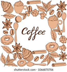 seamless pattern with coffee leering, bubbly schnitzel, cinnamon stick, cream cake, donut, spoon, macchiato, macaroni, coffee beans, coffee leaves, coffee berries