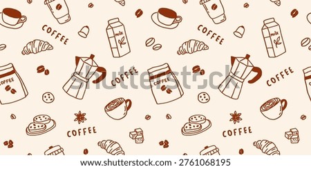 Seamless pattern coffee line art. Bean coffee cup whimsical background. Abstract shop menu texture banner. Vector illustration