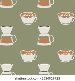 Seamless pattern for coffee lovers, coffee maker and cup with latte.