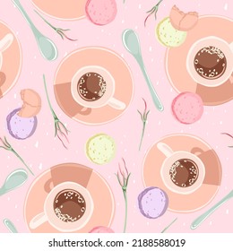 Seamless pattern with coffee, macarons, and flowers. Morning background for fabric, wrapping, textile, wallpaper, apparel. Vector illustration.