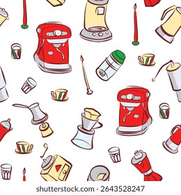 Naadloos patroon. Koffiezetapparaat, molen, Turkse koffie, melkopschuimer, filterkoffie, Franse pers. Lijnkunst. Handgetekende vectorclipart.