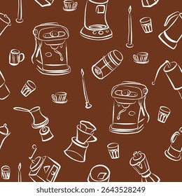Naadloos patroon. Koffiezetapparaat, molen, Turkse koffie, melkopschuimer, filterkoffie, Franse pers. Lijnkunst. Handgetekende vectorclipart.