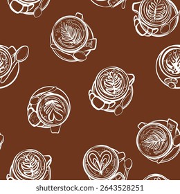 Seamless pattern. Coffee machine,  grinder, Turkish coffee, milk frother, filter coffee, French press. Line art. Hand drawn vector clip art.