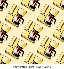 Seamless pattern with coffee machines. Single-cup maker, drip coffeemaker, percolator and espresso machine.