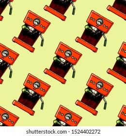 Seamless pattern with coffee machines. Single-cup maker, drip coffeemaker, percolator and espresso machine.