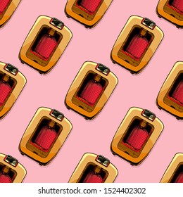 Seamless pattern with coffee machines. Single-cup maker, drip coffeemaker, percolator and espresso machine.