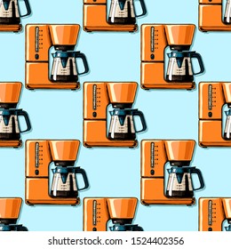 Seamless pattern with coffee machines. Single-cup maker, drip coffeemaker, percolator and espresso machine.