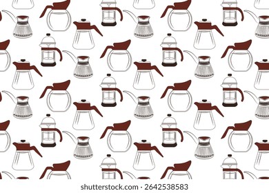 Seamless pattern with coffee maker, cezve and french press drawn in sketch style. Vector illustration.