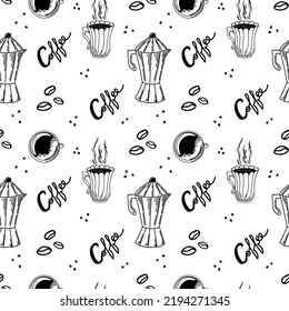 A seamless pattern of coffee maker, coffee cups and coffee beans, hand-drawn doodle elements. Hand-drawn inscriptions. Coffee brewing method. Morning breakfast. 