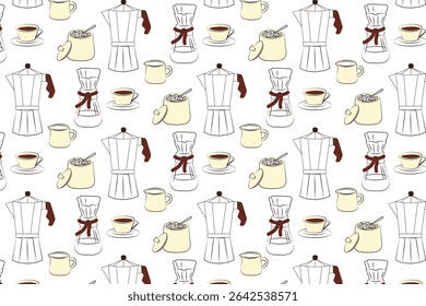 Seamless pattern with coffee maker, sugar bowl and milk jug drawn in sketch style. Vector illustration.