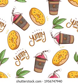 seamless pattern of coffee milkshake and tasty donuts with doodle style