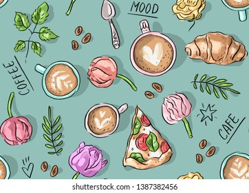 Seamless pattern with coffee mood board, coffee cup, cappuccino, croissant, pizza, tulip, rose, silver vintage spoon, leaves