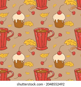 Seamless pattern of coffee and muffins. A cupcake with a cherry, cocoa or a cup of tea, yellow leaves. Hand-drawn vector autumn illustration. For textiles, packaging paper, postcards.