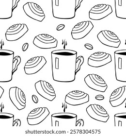 Seamless pattern with a coffee mug and cinnamon buns. Background for the theme of coffee and cafe.