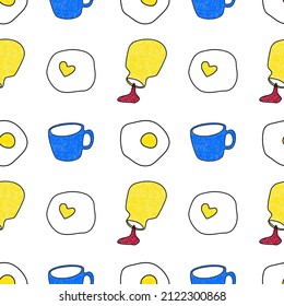 Seamless pattern. Coffee mug and fried egg on white background. Valentine's Day decoration pattern. Vector line art. Hand drawn pattern. Golden Yellow.