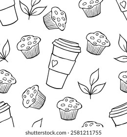 Seamless pattern with a coffee mug, muffin and a beautiful branch. Coloring page for prints. Cafe theme for various backgrounds and decorations from product backgrounds to children's coloring pages.