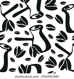 seamless pattern with coffee mugs and coffee beans placed randomly, for different packaging, textile or design