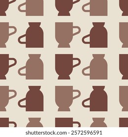 Seamless pattern with coffee mugs in mocha brown and beige colors. Minimalist geometric poster in coffee mocha and mousse 2025 colors of the year. Contemporary art in retro style