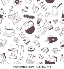 Seamless pattern with coffee objects. Hand drawing. Vector illustration for cafe.
