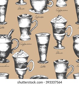 Seamless pattern with coffee on a beige background. Hand drawn. Vector illustration