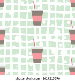 Seamless Pattern with coffee on stripped background. Vector Illustration