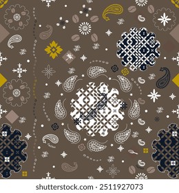 Seamless pattern, Coffee Paisley print seamless pattern. coffee, coffee beans, flowers, decorative geometric line ornament. Bandana pattern template. bandana wallpaper.