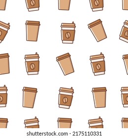 Seamless pattern of a coffee paper cup. Flat simple coffee pattern.
