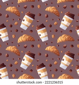 Seamless pattern with coffee in paper cup, croissant, coffee beans. Coffee shop, cafe-bar, drink, beverage concept. Vector illustration. Perfect for product design, wallpaper, wrapping paper.