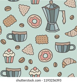 Seamless pattern with coffee party elements. Sweet wallpaper with cookies. Decoration for café interior. 