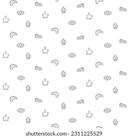 Patrón sin foco. Café, bollería, pasteles, donuts, croissants. Diseño para el menú de postres, papel de envoltura, banner, decoración de la pared del café. Ilustración vectorial.