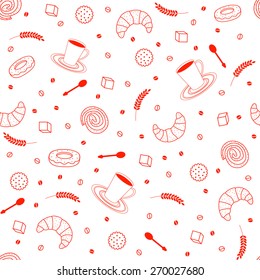 seamless pattern with coffee, pastries, spoon and wheat on a white background,vector