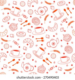 seamless pattern with coffee, pastries,spoon,fork,kettle and wheat on a white background,vector