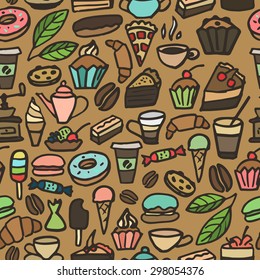 Seamless pattern with coffee, pastry, ice cream, donuts, leaves. Hand drawn doodle. Vector illustration