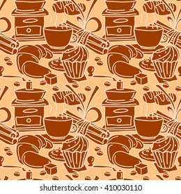 Seamless pattern with coffee, pastry, sweets and spices. Line art. Comic cartoon style. Coffee print template for textile, paper, post cards, wrapping, etc.