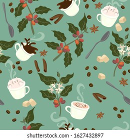 Seamless Pattern With Coffee, Plant, Grains, Mugs, Spoons, On A Green Background. Vector Graphics.