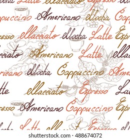 Seamless pattern with coffee plants and names of coffee drinks