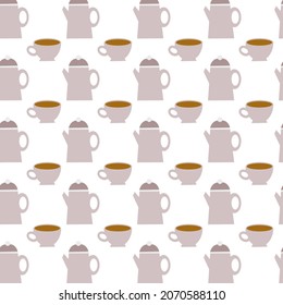 Patrón sin foco con una cafetera y una taza sobre un fondo claro.