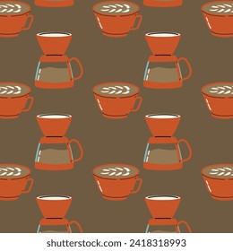 Seamless pattern with coffee pot and cup in vintage style. Can used for kitchen textile, wrapping paper, poster. 