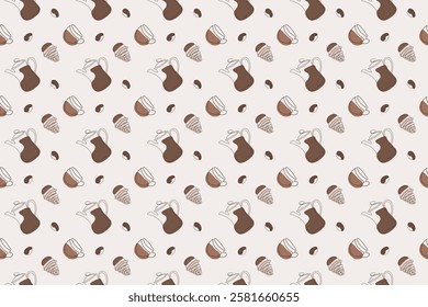 Seamless pattern. A coffee pot, a cup, a cupcake in a linear style in shades of the fashionable color of 2025. Vector graphics