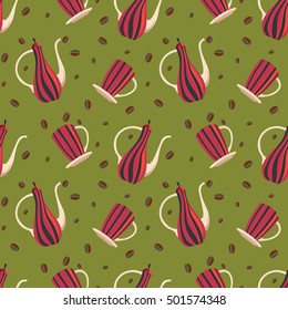 Seamless pattern with a coffee pot and a cup of coffee in black and red stripes on olive background.