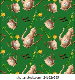 Seamless pattern with coffee pot and cups