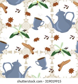 Seamless pattern with coffee pot, cups, cinnamon, vanilla, anise and cloves.
