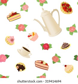 Seamless pattern with coffee pot, cups, cakes and roses.