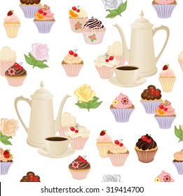 Seamless pattern with coffee pot, cups, cakes and roses.
