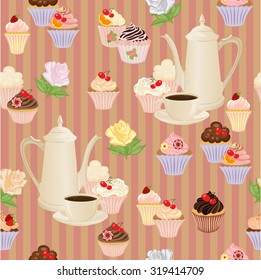 Seamless pattern with coffee pot, cups, cakes and roses.