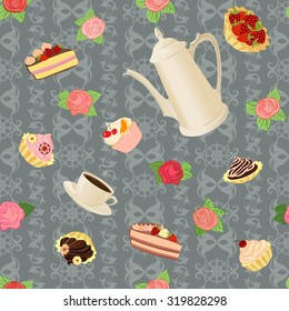 Seamless pattern with coffee pot, cups, cakes and roses.