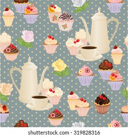 Seamless pattern with coffee pot, cups, cakes and roses.
