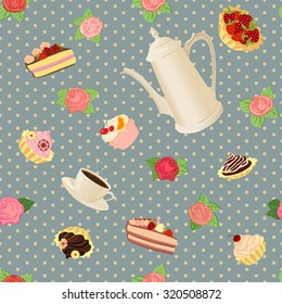 Seamless pattern with coffee pot, cups, cakes and roses.