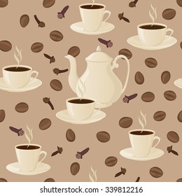 Seamless pattern with coffee pot, cups and coffee beans.